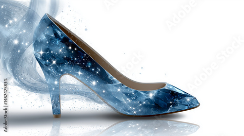 Elegant blue high heel shoe with sparkling effects on a white surface