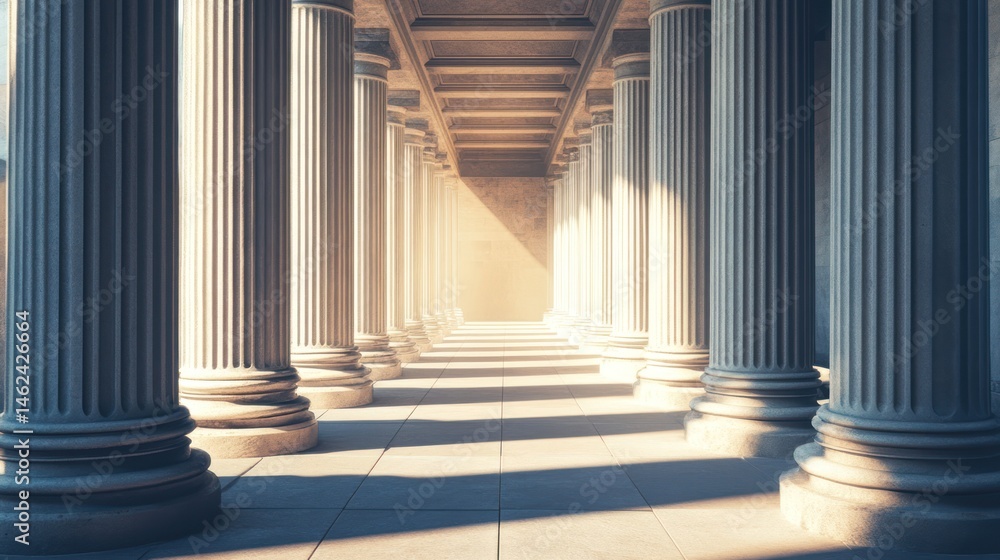 Fototapeta premium Sunlit Classical Columns, Colonnade Pathway, Architecture, Sunlight, Background, Design