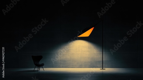 Modern minimalist interior design with a single floor lamp casting a warm light on a dark room