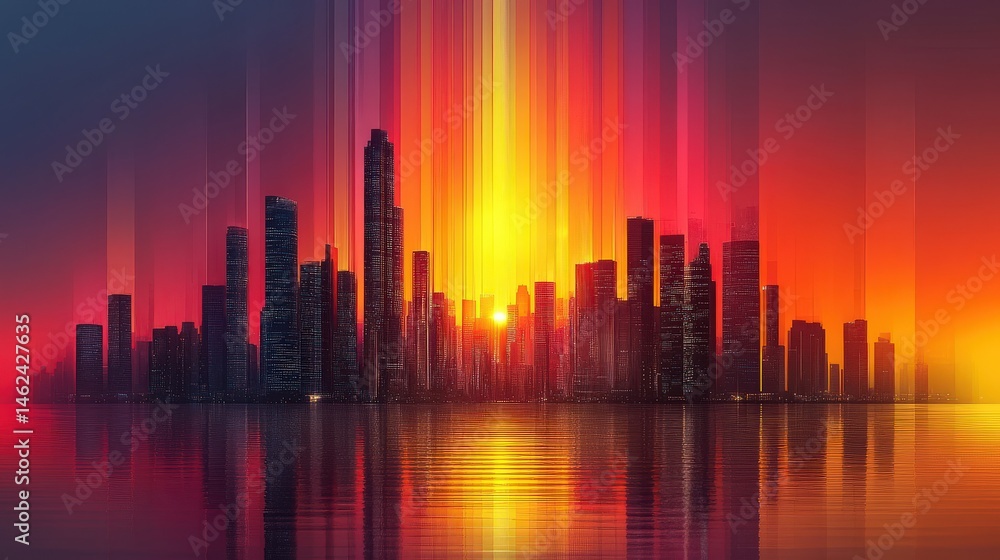 Fototapeta premium Stunning Sunset Urban Skyline with Vibrant Colors and Reflection
