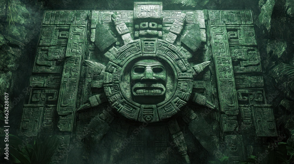 Obraz premium Mayan stone carving, jungle backdrop, ancient temple, mystery