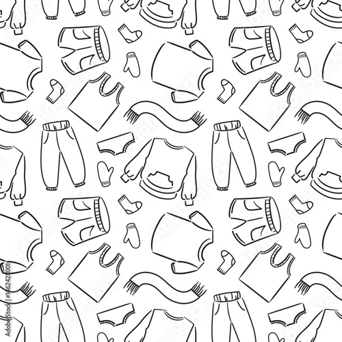 Vector illustration is a seamless pattern of clothing sketches including tank top, shorts, t-shirt, sweatshirt, pants, mittens, scarf and socks. Each design showcases modern trends and everyday