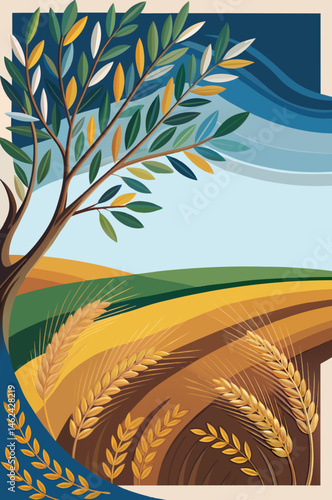 Wheat fields with an olive tree and blue sky, vector landscape illustration