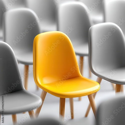 Vibrant yellow chair amongst gray seating modern interior design minimalist space indoor environment focused perspective