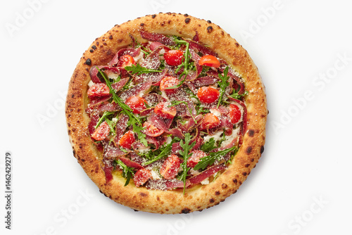 Delicious pizza with bresaola, cherry tomatoes, arugula and parmesan cheese on white background