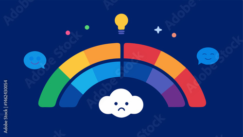 Mood Spectrum A color gradient ranging from cool blues sadness to warm reds excitement with icons representing brain areas activated by the futuristic device throughout the