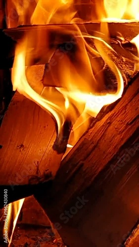 Burning wood burning fireplace indoors in October