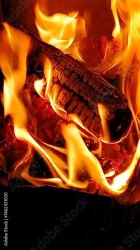 Vertical video of wood burning in a fireplace for a relaxing evening background