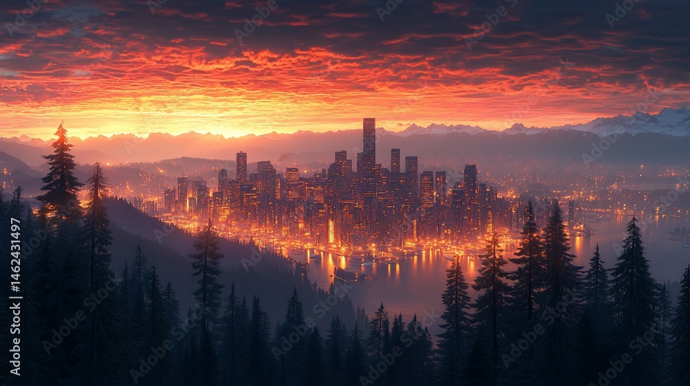 Naklejka premium A vibrant city nestled in a valley at sunrise, framed by a misty mountain range and a dark forest. Sunrise over a city, with a vibrant glow and warm colors
