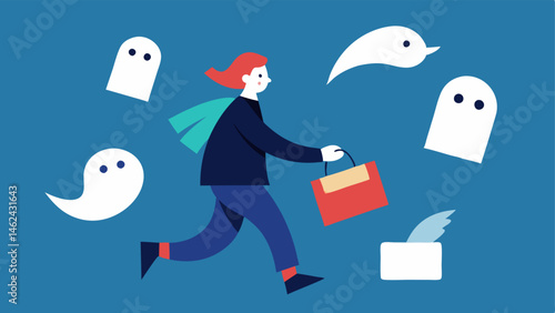 Ghost of Regrets Past A whimsical depiction of a shopper being followed by faint ghosts of items they bought holding receipts that float around.