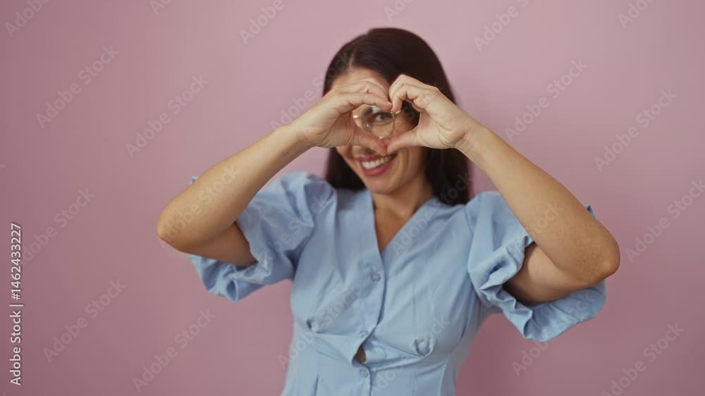 Smiling woman in blue dress poses against a pink background making heart gesture with hands showcasing joy and positivity Smiling woman in blue dress poses against a pink background making heart gesture with hands showcasing joy and positivity