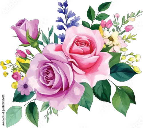 Watercolor illustration of pink roses with light floral touches. Stunning rose bouquet in pink and purple hues with floral detail. Romantic pink roses surrounded by delicate lavender and yellow flower