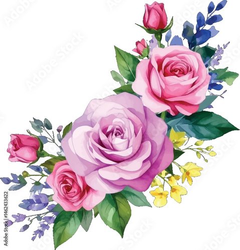 Gorgeous pink and purple roses arranged with lively green leaves. Soft watercolor roses in various shades of pink and purple. Artistic rose bouquet with lavender and colorful blooms