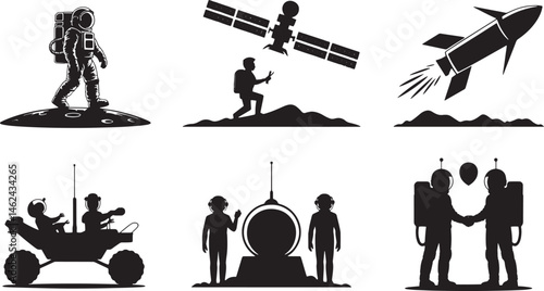 Black and White Silhouette Illustrations of Astronauts and Space Exploration on a White Background