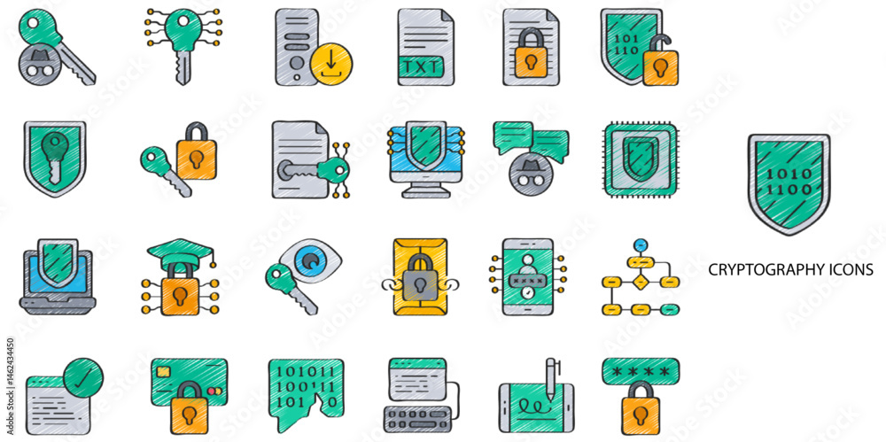 Obraz premium Cryptography simple concept 24 hand drawn color icons set. Contains such encryption, protocol, technology, privacy, transmission, safeguarding, code .Vector illustration.
