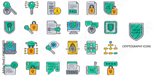 Cryptography simple concept 24 hand drawn color icons set. Contains such encryption, protocol, technology, privacy, transmission, safeguarding, code .Vector illustration.