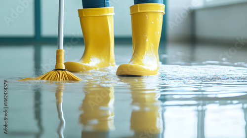 Person Cleaning Flooded Floor with Mop and Yellow Boots in Indoor Setting