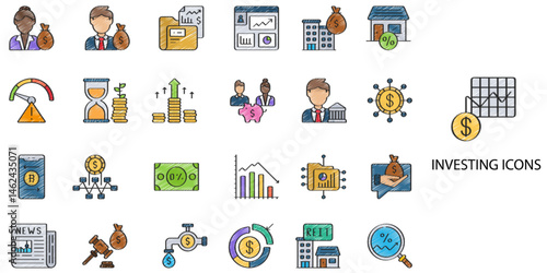 Investing simple concept 24 hand drawn color icons set. Contains such income, insurance, investors .Vector illustration.