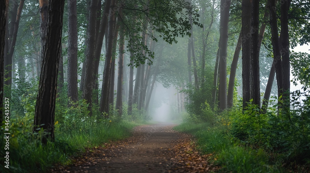 Obraz premium Misty Forest Path Leading Through Tall Trees with Soft Light