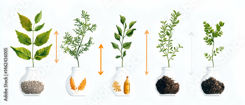 Depicts different plant growth stages with their needs for soil nutrients and sunlight. Useful for science education about the plant life cycle and sustainable practices.