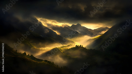 A mountain range shrouded in early morning mist, with the first rays of sunlight piercing through and casting long shadows on the landscape.