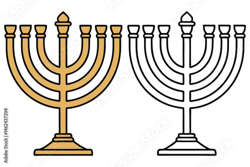 Jewish menorah features gold candle holder and outline version on white background