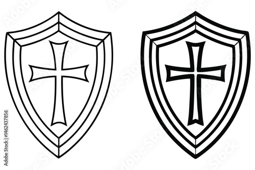 Outlined shields with crosses symbolize strength and heritage on a clean white background
