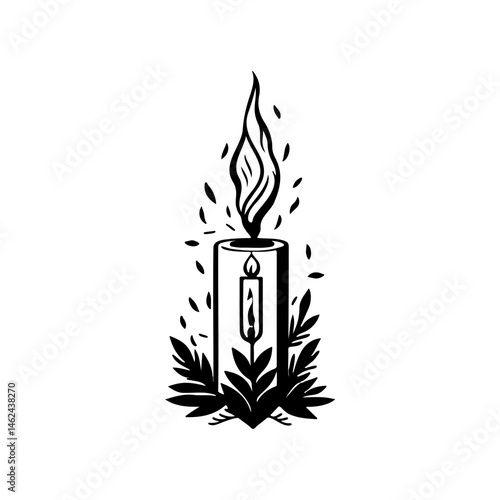 Monochromatic candlelight composition encircled by foliage and tiny sparks