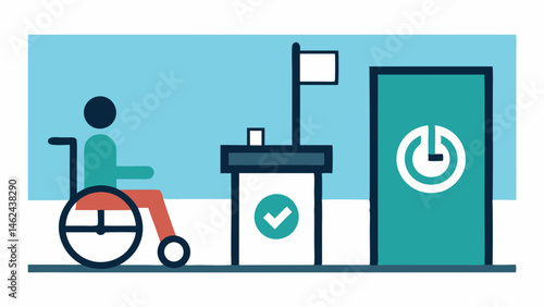 Signage with Symbols An illustration of an accessible voting area highlighting large clear signage with visual symbols like wheelchair and braille to indicate accessibility