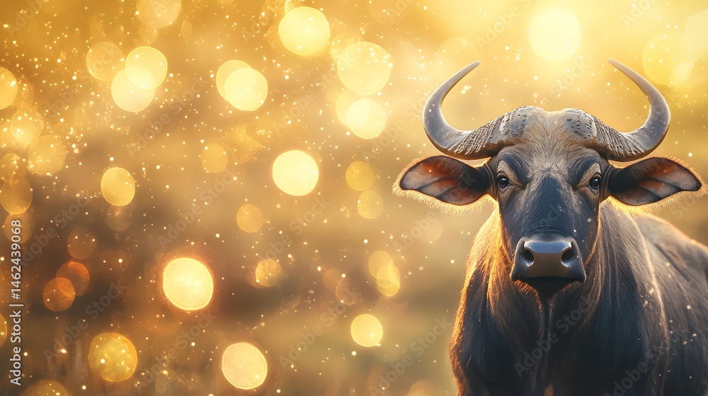 Majestic Water Buffalo in Ethereal Golden Glow at Sunset Majestic Water Buffalo in Ethereal Golden Glow at Sunset