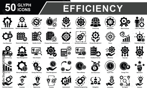 Efficiency Icon Set Collection. Containing Operational Efficiency, Resource Management, Optimization, Producticity, Cost Reduction, Time Management, Efficiency Ratio. Simple Glyph Vector Illustration