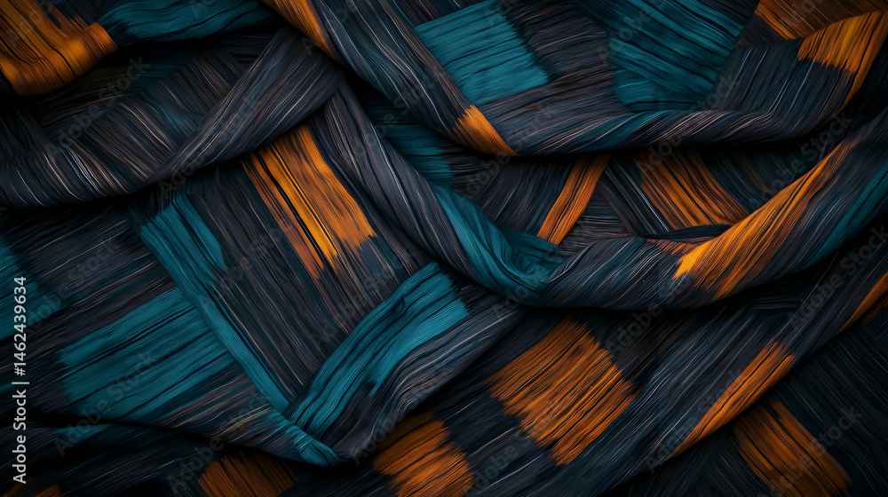 Textured Fabric With Dark Teal And Orange Geometric Pattern Textured Fabric With Dark Teal And Orange Geometric Pattern