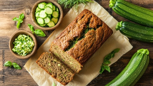 A loaf of zucchini bread with small bowls of grated zucchini and chopped herbs