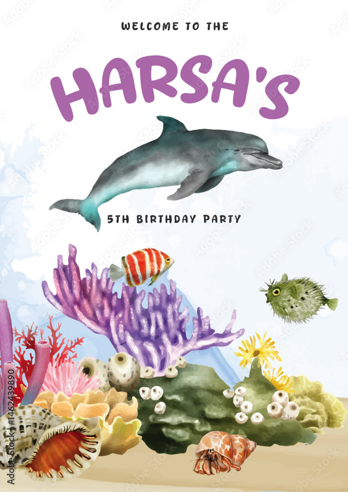 Obraz premium sea life watercolor birthday invitations card template