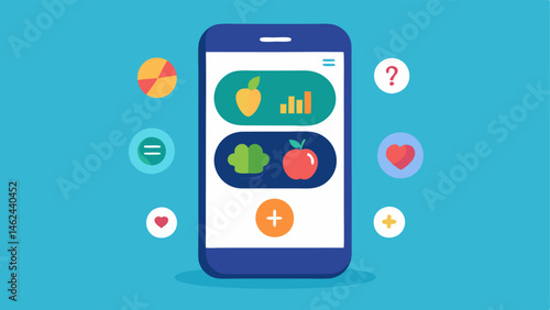 Health Quiz Interaction A smartphone showing an interactive quiz interface that assesses health knowledge illustrated by question marks and icons of healthy foods.