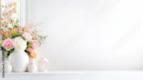 Soft pastel floral arrangement on a white shelf