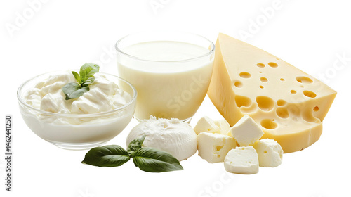 A captivating assortment of dairy products. The scene showcases a glass of milk, cheese, yogurt and other milk derivative