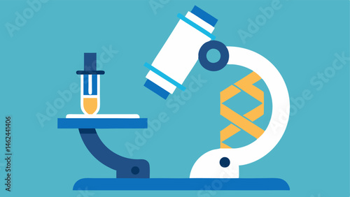 Microscope and DNA Strand A microscope focused on a single strand of DNA illustrating research and the study of genetic material.