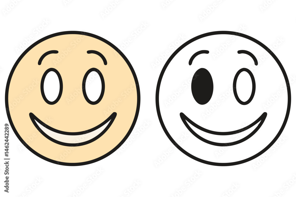 Fototapeta premium Two simple smiley face illustrations one colored and one in line drawing