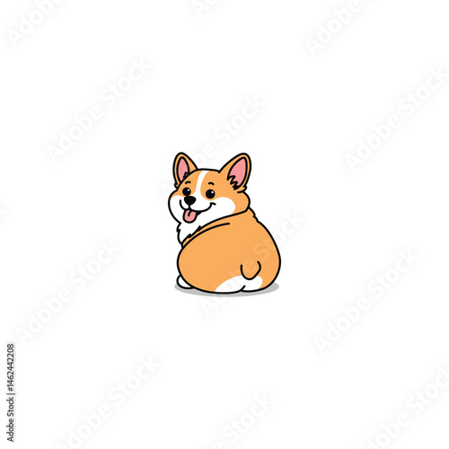 Cute chubby corgi sitting with its back turned, smiling playfully with its tongue out, vector illustration