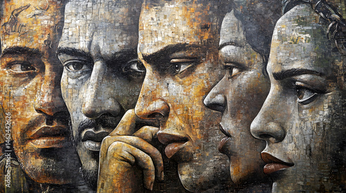 A mural depicting the clash between the oppressed and the authorities, with expressive faces and stark contrasts.