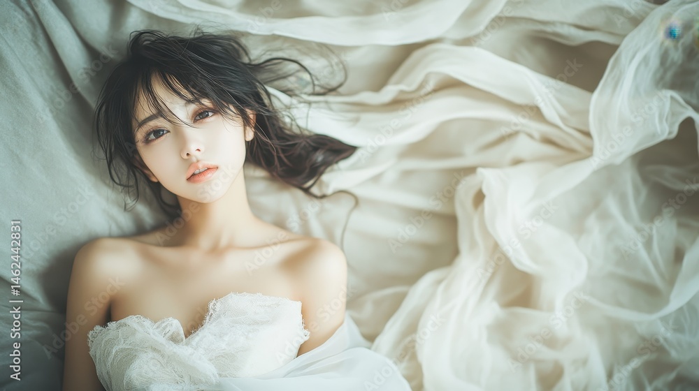 A young woman draped in sheer fabric, lying down. A young woman draped in sheer fabric, lying down.