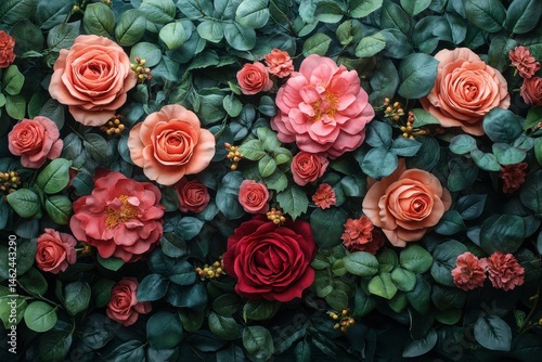 Experience the Beauty of Vibrant Red and Pink Roses Blooming Alongside Lush Greenery in a Captivating Garden Setting