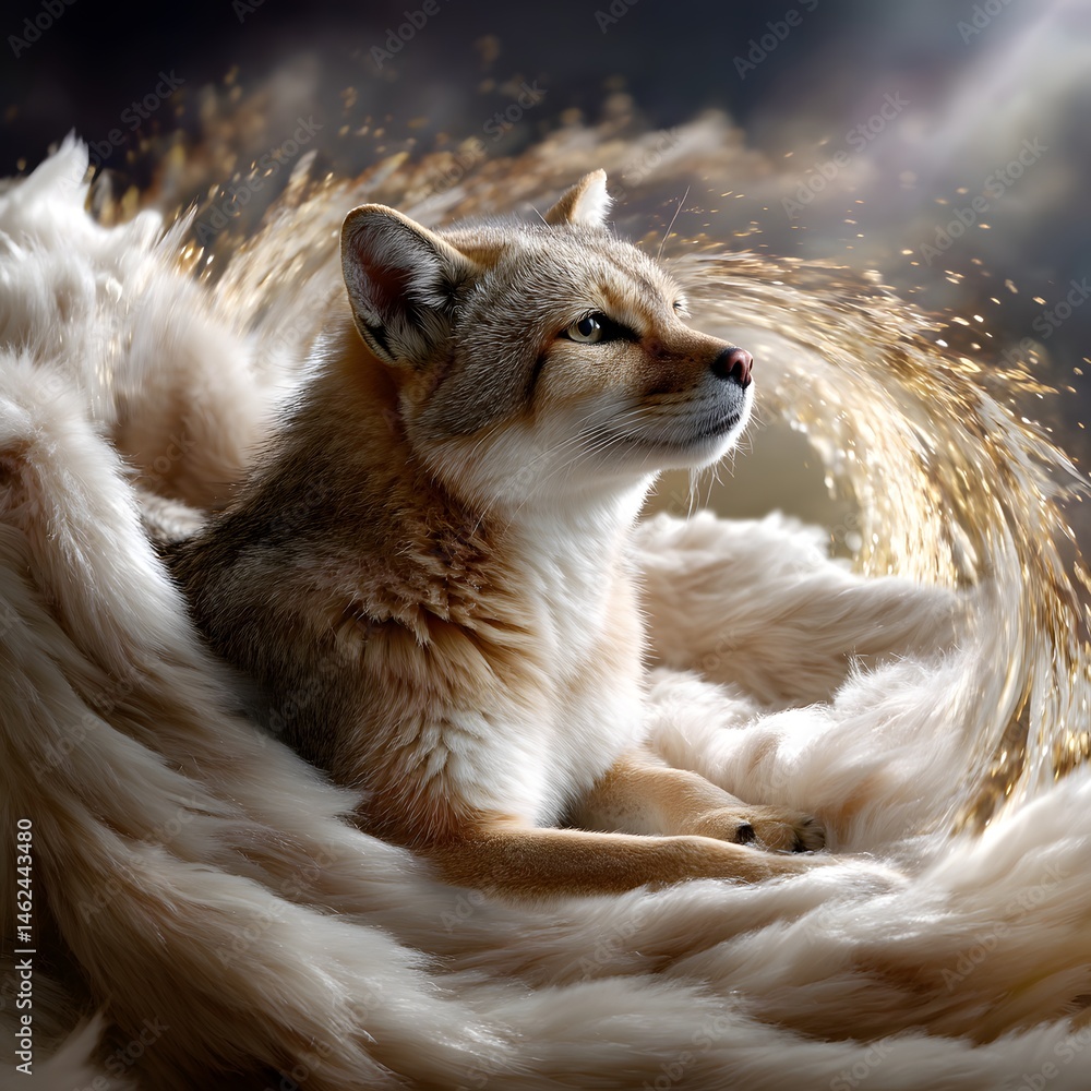 Majestic Red Fox Sitting Gracefully Amidst a Swirling Cloud of Soft Fur and Light