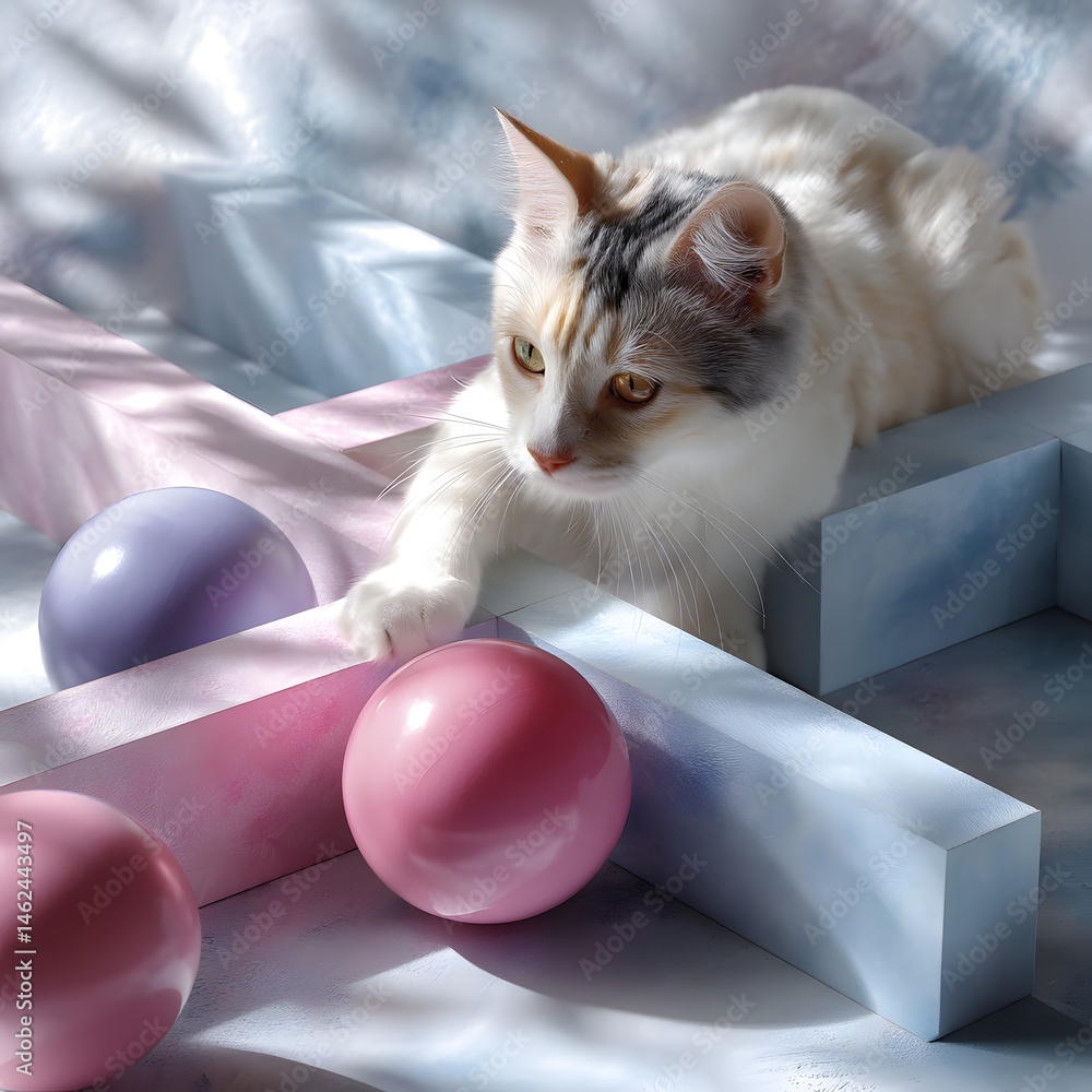 Cat on Colorful Geometric Shapes with Soft Shadows in Bright Natural Light Indoor Setting