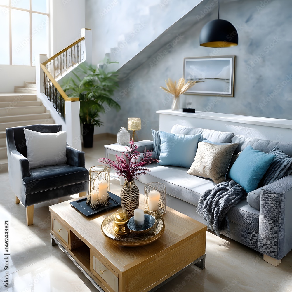 Cozy and Modern Living Room with Elegant Decor and Natural Light Streaming Through Windows