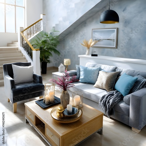 Obraz na płótnie Cozy and Modern Living Room with Elegant Decor and Natural Light Streaming Through Windows w salonie