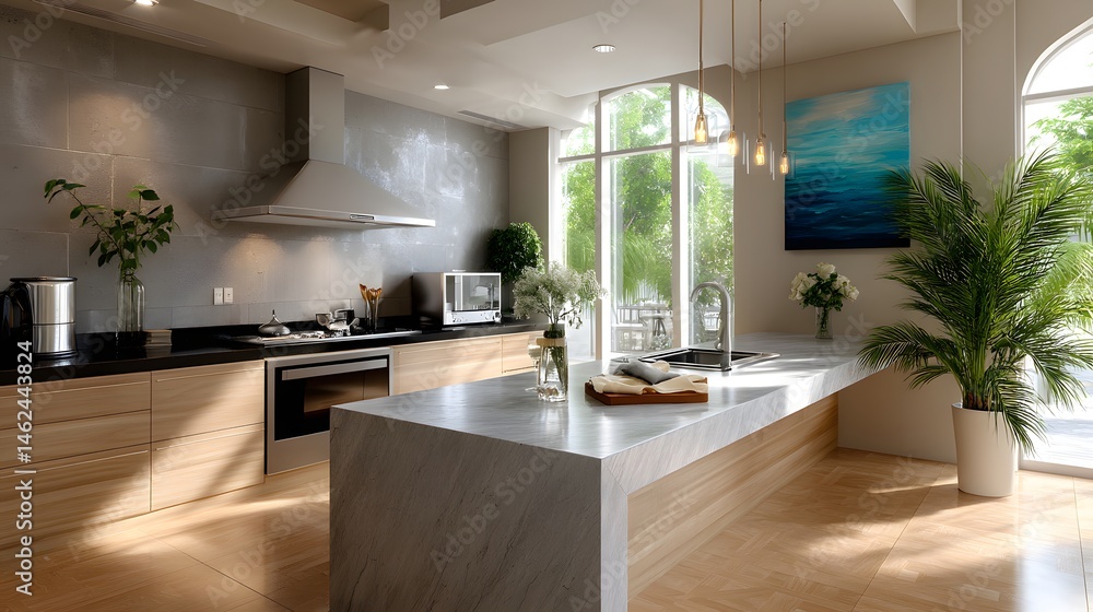 Modern Bright Kitchen Interior with Stylish Decor and Natural Light Pouring Through Windows