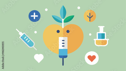 Hormone Therapy A visual of a syringe with a smiling face symbolizing hormone therapy surrounded by various wellness symbols like a heart and a leaf.