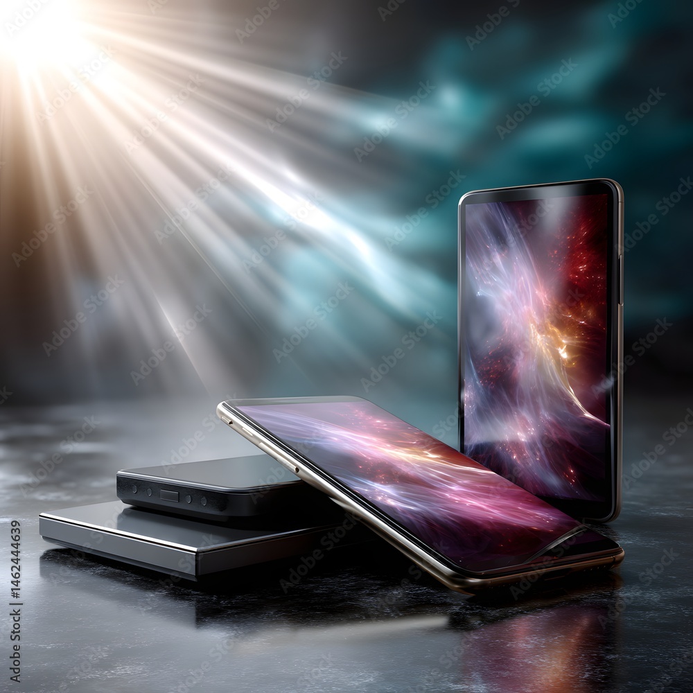 Modern smartphones with vibrant display and sleek design on reflective surface against dramatic background